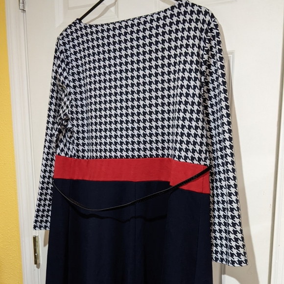 Lila Kass houndstooth blue Navy red white knit midi dress EU size xxxxl us 16.5 - Picture 2 of 15